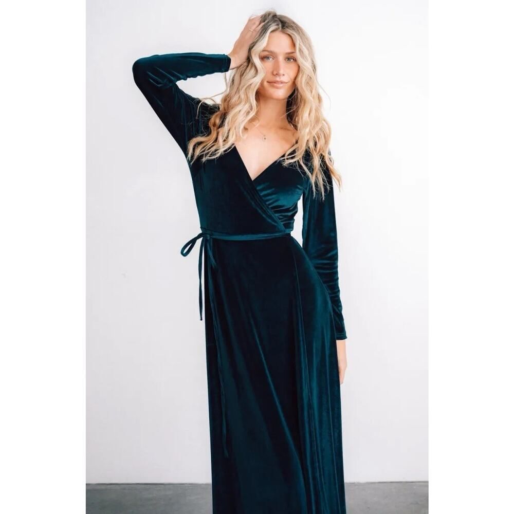 NWT Baltic Born Esmerelda Green Velvet Maxi Wrap Dress Long Sleeve Size M - Picture 3 of 9